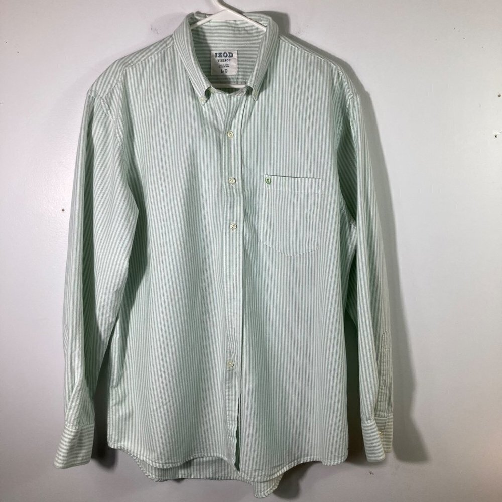 Mens Izod Vintage LS Button Green White Vert Stripes Cotton Shirt L
